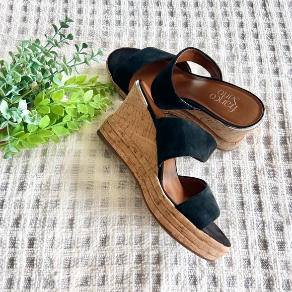 Franco Sarto Shoes - Franco Sarto 8.5 Strappy Black Leather Cork Wrapped Platform Wedge Sandals